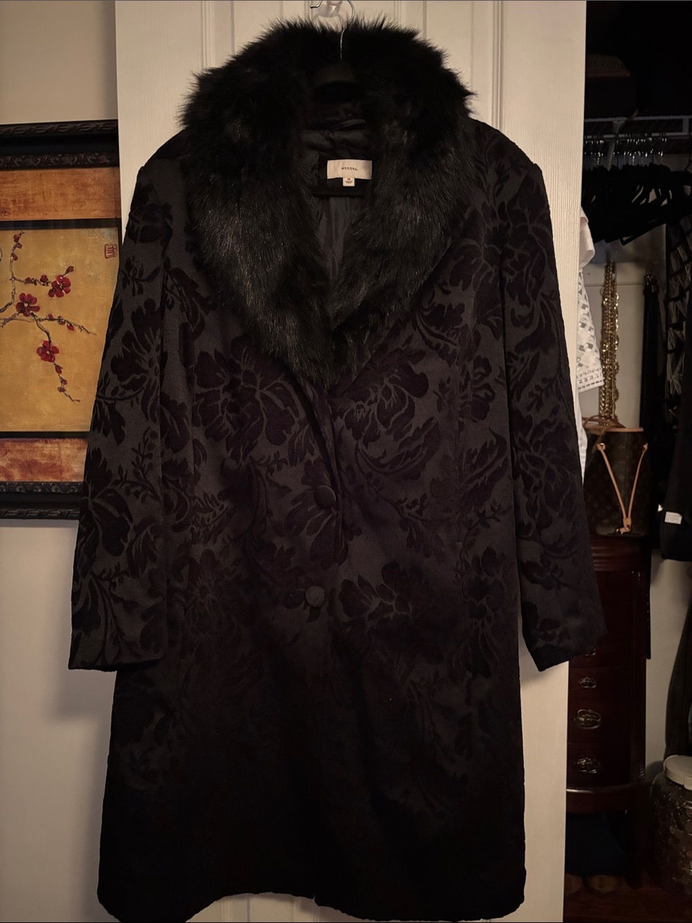 Vintage Merona Black Floral Jacquard Coat with removable Faux Fur Shawl Collar